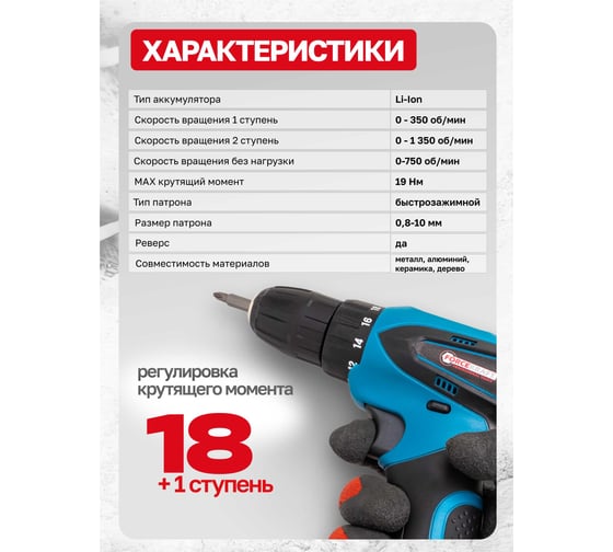 Дрель-шуруповерт аккумуляторная FORCEKRAFT с набором аксессуаров FK-CD6017(64834)