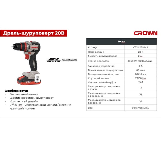 Дрель-шуруповерт аккумуляторная CROWN CT21128HMX-2 BMC