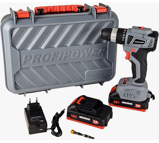 Аккумуляторный бесщеточный шуруповерт Profipower MKBL-18BT 18В,Li-ion-2шт, 2,0Ач, 0,8-10мм,40нм, магнитная бита, З/У, в кейсе E0146 1