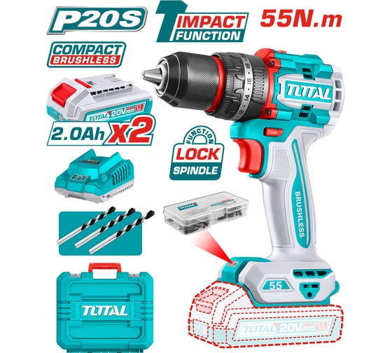 Компактная Бесщеточная Аккумуляторная Ударная Дрель 20V TOTAL TIDLI20558