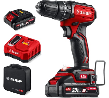 Бесщеточная ударная дрель-шуруповерт ЗУБР 20 В, 45 Н·м, 2 АКБ LMS (2 А·ч) сумка ДБУ-45-22