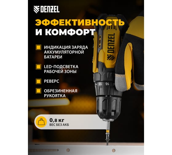 Дрель-шуруповерт аккумуляторная Denzel CDQ-12, Li-Ion, 12 В 26106