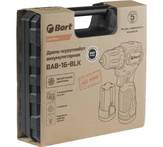 Дрель-шуруповерт аккумуляторная BORT BAB-16-BLK (2x2Ah+ЗУ) 93414868