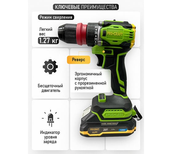 Шуруповерт аккумуляторный PROCRAFT PA18Pro DFR 20В 30Нм (1 АКБ 2Ач+ЗУ+Кейс) PA18Pro DRF-1b2ah-c