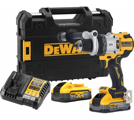 Ударная дрель-шуруповерт Dewalt DCD1007H2T, 18 В, 2250 об/мин, 38250 уд/мин, с 2 АКБ 5 Ач и ЗУ, в кейсе TSTAK DCD1007H2T-QW