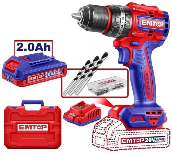 Дрель ударная бесщеточная аккумуляторная EMTOP ECIDL20558 1