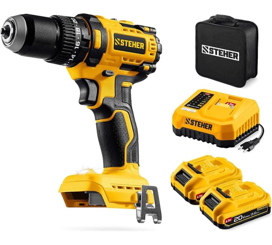 Бесщеточная ударная дрель-шуруповерт STEHER 20 В, 65 Н·м, 2 АКБ LMS (2 А·ч), сумка CBS-65-22 1