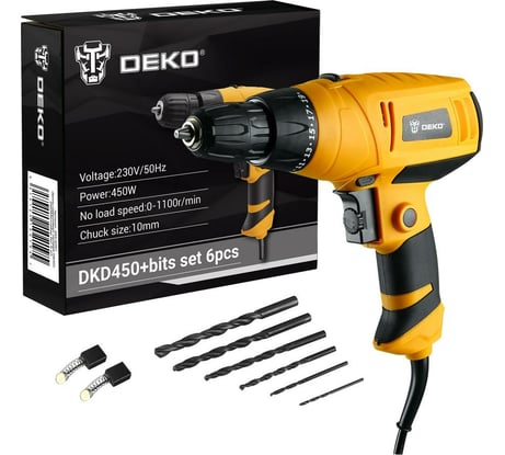 Сетевая дрель-шуруповерт DEKO DKD450, набор бит 6 шт. 063-4281