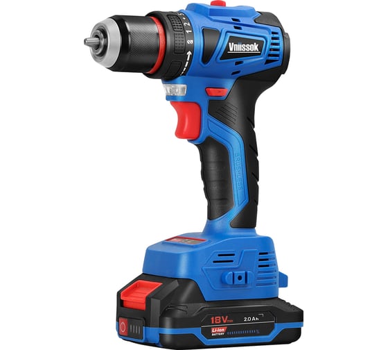 Шуруповерт аккумуляторный бесщеточный Vniissok V-18 (18В,Li-ion-2шт,2.0Ач,40Нм,З/У, 0,8-10мм,магнитная бита, в кейсе) V0018