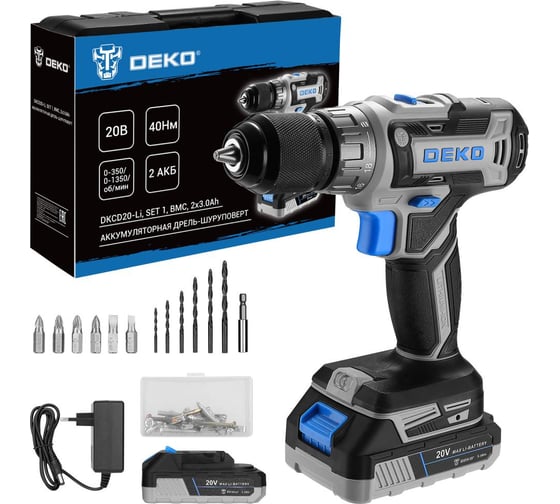 Аккумуляторная дрель-шуруповерт DEKO DKCD20-Li SET1, 2x3.0Ач 083-1117