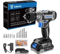 Аккумуляторная дрель-шуруповерт DEKO DKCD20V ONE + в кейсе + набор 63 инструмента для дома, 20В, 2x2.0Ач 083-1038