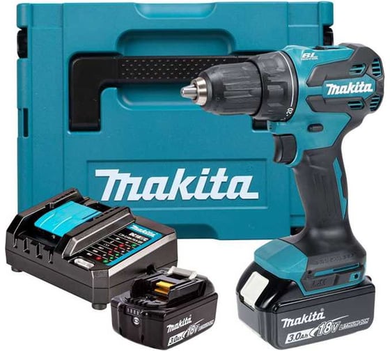 Дрель-шуруповерт аккумуляторная ударная Makita LXT 18 В, бесщеточная, XPT, патрон 13 мм, 50/27 Нм, 2x3.0 Ач, аккумуляторы и зарядное устройство DC18WC, Makpac 2 DHP490F003