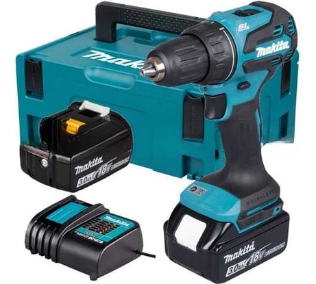 Дрель-шуруповерт аккумуляторная Makita LXT 18 В, бесщеточная, XPT, патрон 13 мм, 50/27 Нм, 2x3.0 Ач, аккумуляторы и зарядное устройство, Makpac 2 DDF490F003