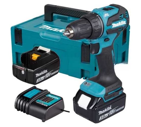 Дрель-шуруповерт аккумуляторная Makita LXT 18 В, бесщеточная, XPT, патрон 13 мм, 50/27 Нм, 2x3.0 Ач, аккумуляторы и зарядное устройство, Makpac 2 DDF490F003