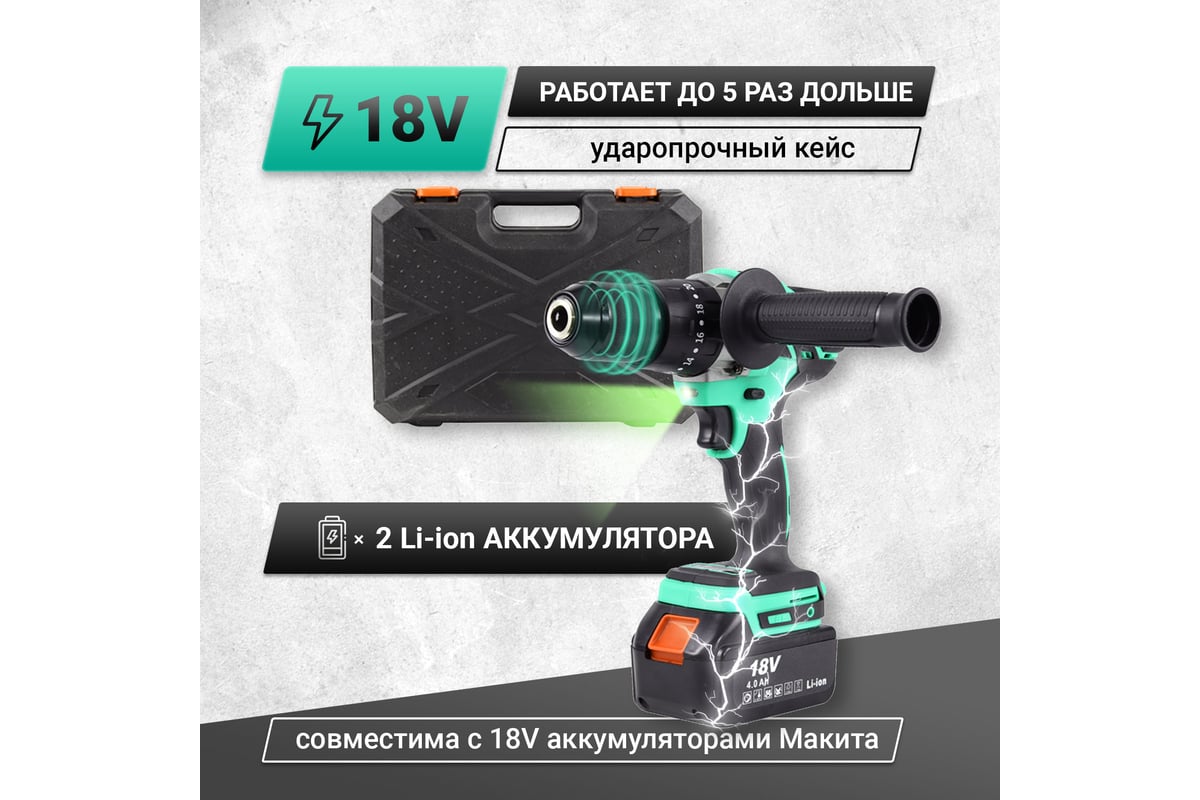 Аккумуляторная бесщеточная ударная дрель-шуруповерт Zitrek Green Impact 18  В, Li-ion 2x4.0 Ач 063-4045