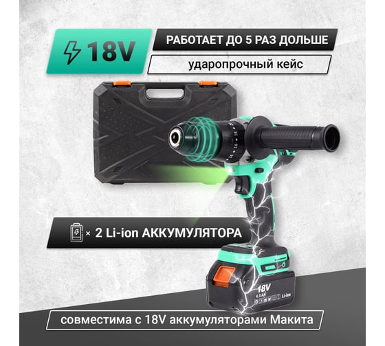 Аккумуляторная бесщеточная ударная дрель-шуруповерт Zitrek Green Impact 18 В, Li-ion 2x4.0 Ач 063-4045