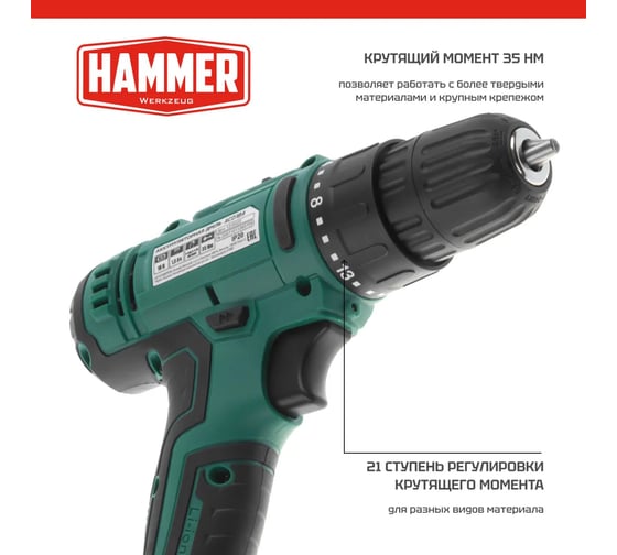 Аккумуляторная дрель Hammer 18в 2x1.5 ач 10мм, 0-350/0-1250 об/мин, 35нм, в кейсе, быстр. зарядка ACD18A 735857
