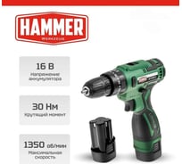 Аккумуляторная дрель Hammer 16в 2x2ач liion 10мм 0-350/0-1350об/мин, 30 нм, кейс ACD16CH 824160