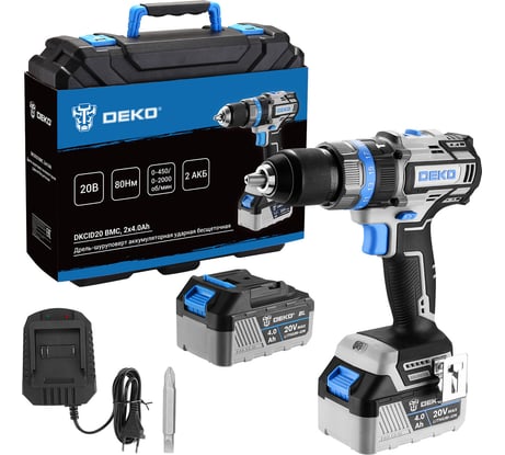 Аккумуляторная ударная дрель-шуруповерт DEKO DKCID20 бесщеточная, 20 В, 80 Нм, 2х4.0Ач 063-4421