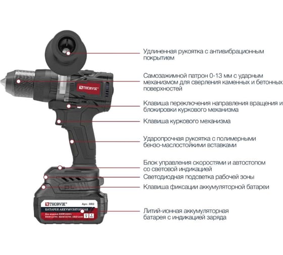 Бесщеточная аккумуляторная ударная дрель-шуруповерт THORVIK BBID12160 1/2DR, 21В, 160 Нм 053710