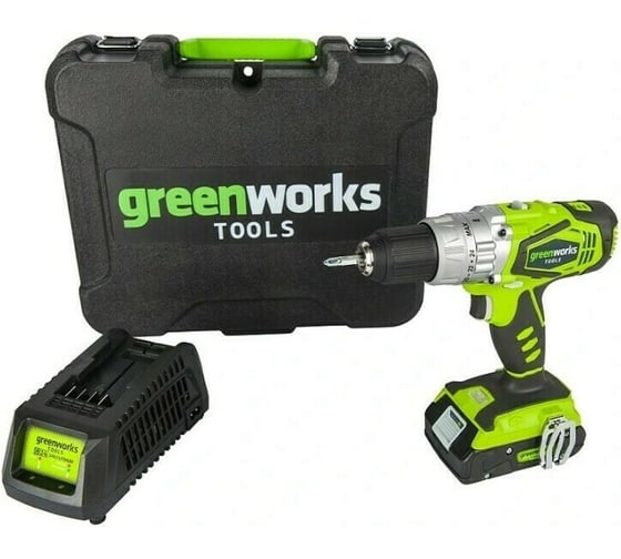 Аккумуляторная дрель-шуруповерт Greenworks G24DDK2, 24V, c 1хАКБ 2 А.ч и ЗУ в кейсе 3702807 1