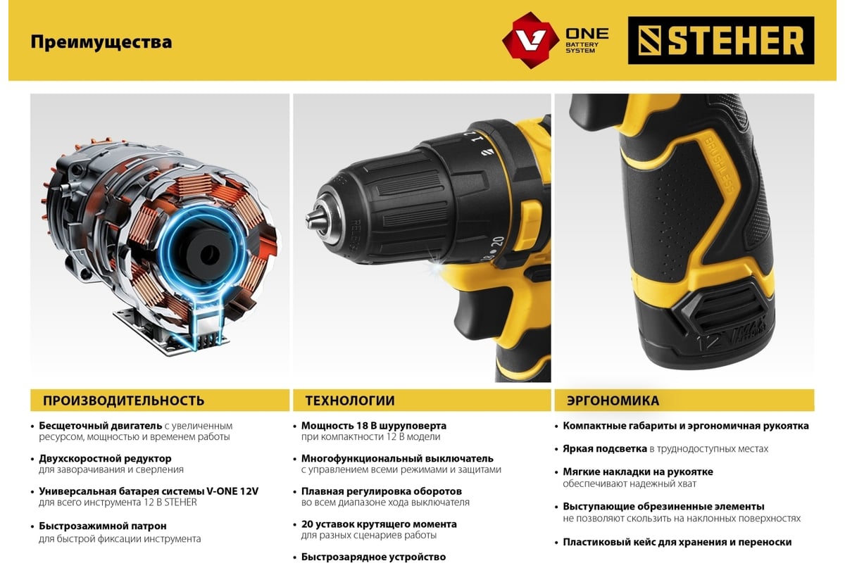 Бесщеточная дрель-шуруповерт STEHER 12 В, 35 Нм, 2 АКБ х 2 Ач, кейс  CDB-120-2 - выгодная цена, отзывы, характеристики, фото - купить в Москве и  РФ