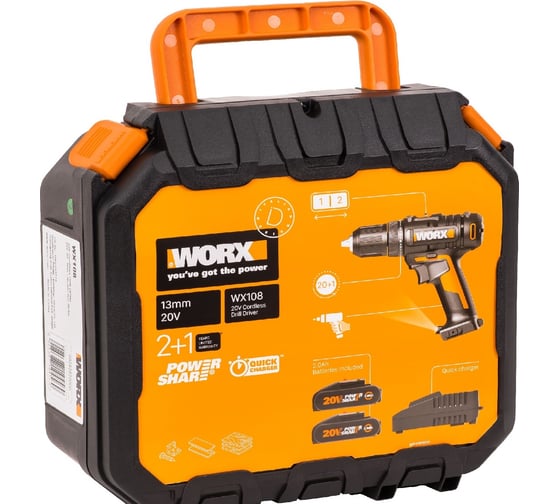 Аккумуляторная дрель-шуруповерт WORX WX108 45Нм, 20В, 2Ач x2, ЗУ 2А, кейс