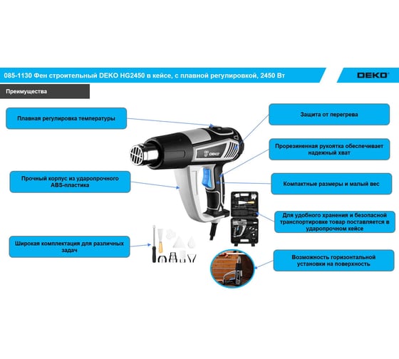Фен строительный DEKO HG2450 в кейсе, с плавной регулировкой, 2450 Вт 085-1130