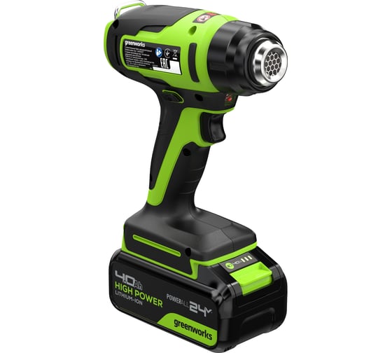Строительный фен GreenWorks G24HG, 24V, 550С, 200 л/мин, 1x4Ач, ЗУ, коробка 3400207VUB