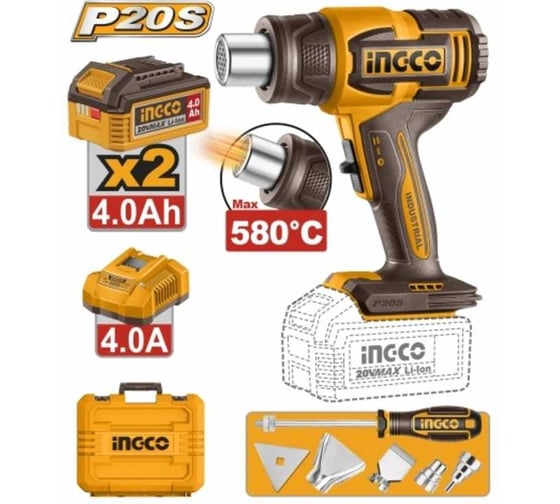Фен технический INGCO, акк, 300/580C, P20S(20В) HGLI20085