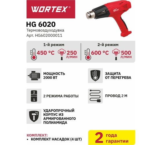 Строительный фен-термовоздуходувка WORTEX HG 6020 HG602000011