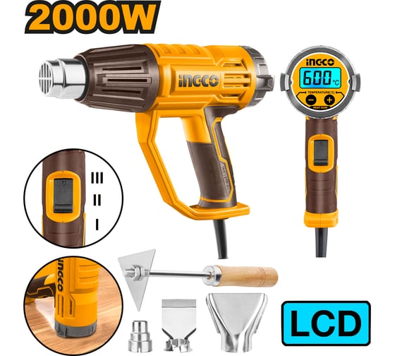 Строительный фен INGCO INDUSTRIAL 2000 Вт, ЖК-дисплей HG200058