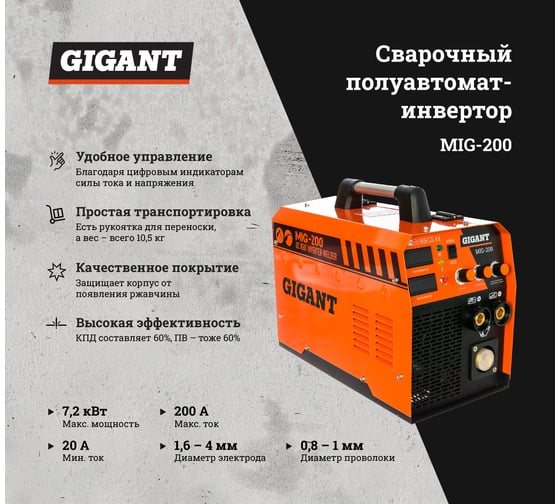 Сварочный полуавтомат - инвертор Gigant MIG-200 - низкая цена ...