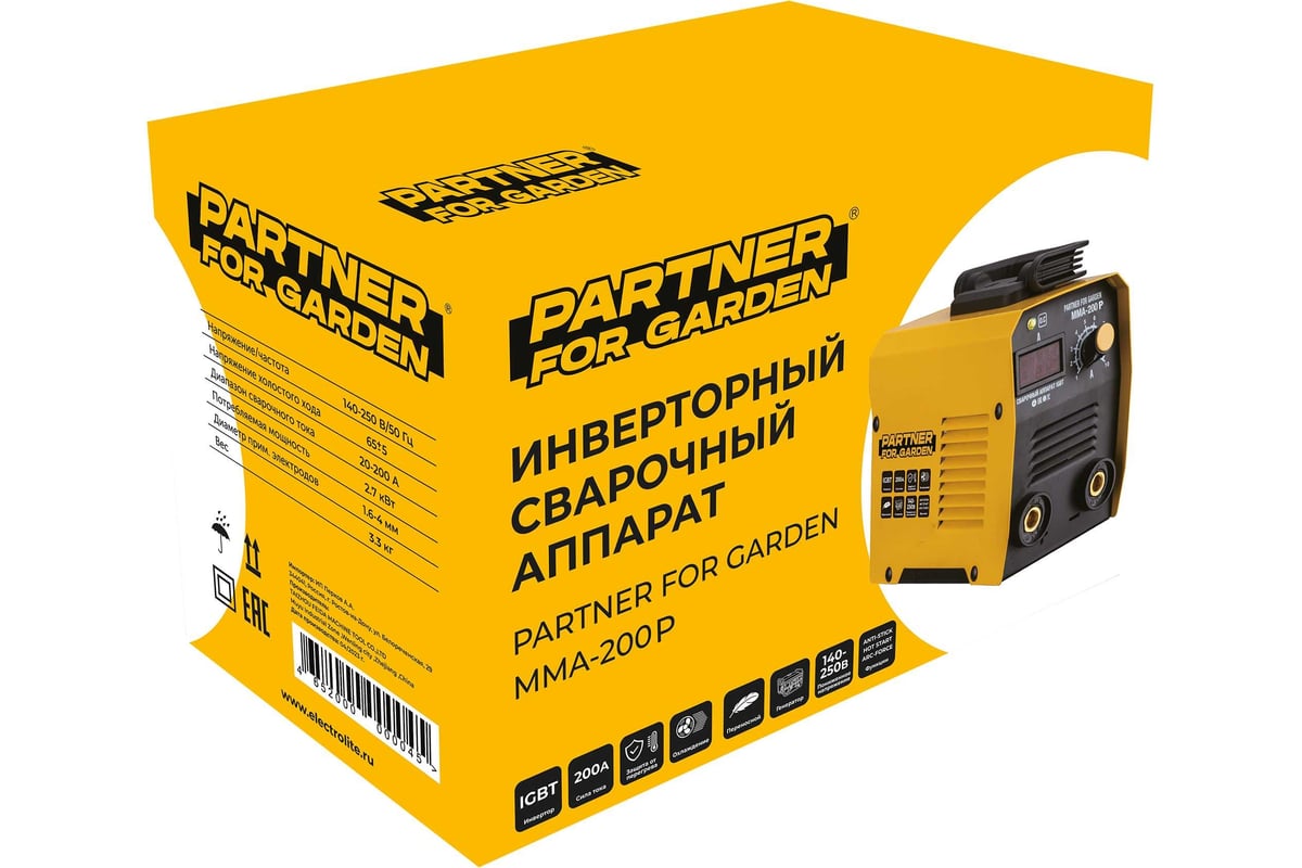 Сварочный инверторный аппарат PARTNER FOR GARDEN mma-200 P 20-200А,1.6-4  мм, дисплей, сварка электродом от низкого напряжения от 140 вольт 4151