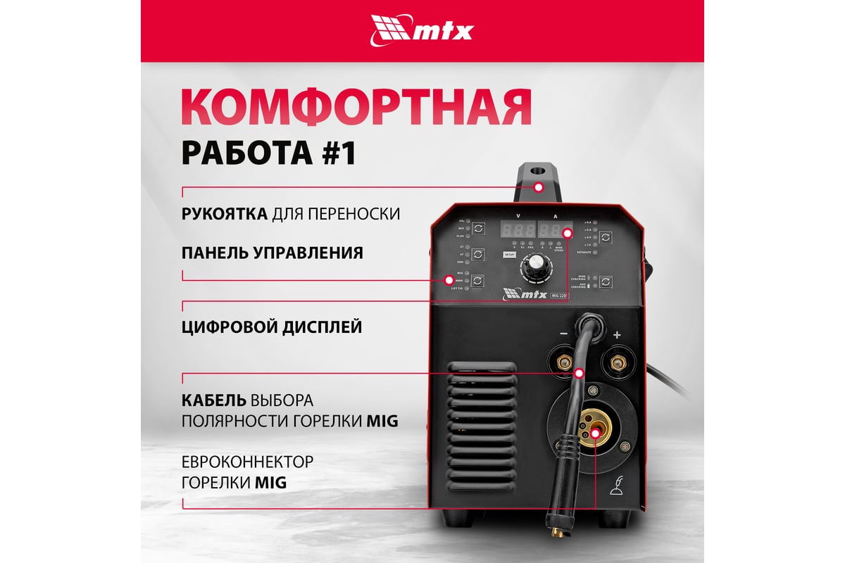 Инверторный аппарат полуавтоматической сварки MTX mig-220s, 220a, катушка 5  кг 94304