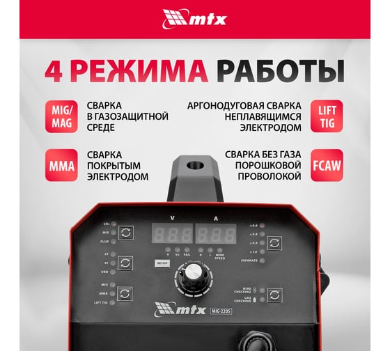 Инверторный аппарат полуавтоматической сварки MTX mig-220s, 220a, катушка 5 кг 94304