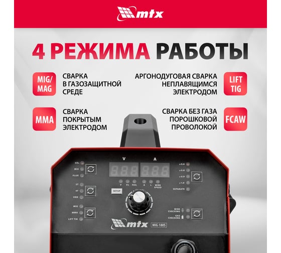 Инверторный аппарат полуавтоматической сварки MTX mig-180s, 180a, пв, катушка 5 кг 94302