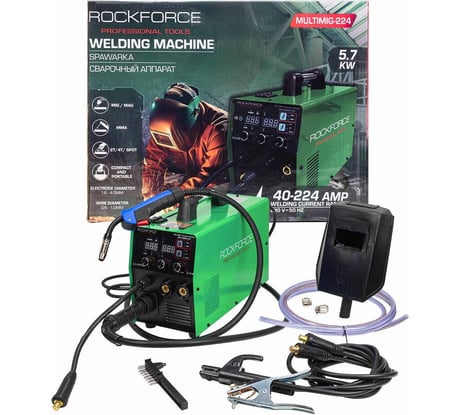 Сварочный аппарат Rockforce 5.7 кВт, 230 В, диаметр электрода - 1.6-4 мм, диаметр проволоки - 0.6-1 мм, сварочный ток - 40-224 А RF-MULTIMIG-224(58938)