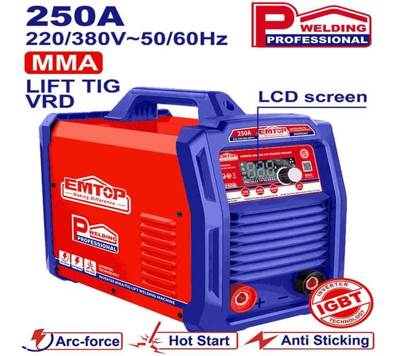 Инверторный сварочный аппарат EMTOP MMA/TIG Lift, входное напряжение (В): 220-240/380-400, фаза: одиночная, частота (Гц): 50/60, выходной ток (А): 30-250 EWDEM2567