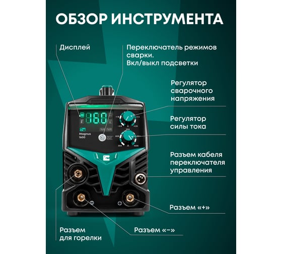 Сварочный аппарат Rokodil Magnus 1600, полуавтомат инверторный, без газа, аргонодуговой, по металлу, MiG/MaG, MMA, TiG, 160 A, 0,8/1мм проволока, 1-4 мм эл. 1050029