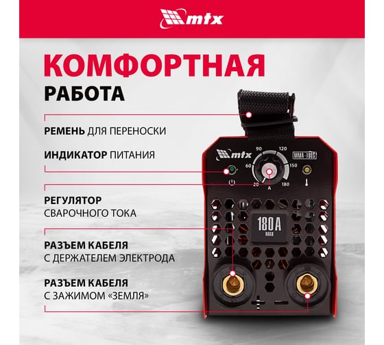 Инверторный аппарат дуговой сварки MTX MMA-180S, 180 А, ПВ60, диам.эл. 1,6-4,0 мм 94390