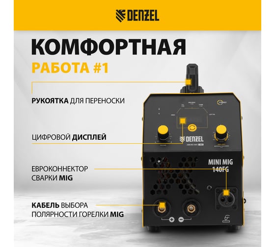 Инверторный аппарат полуавтоматической сварки Denzel mini mig-140fg, 140 а 94322