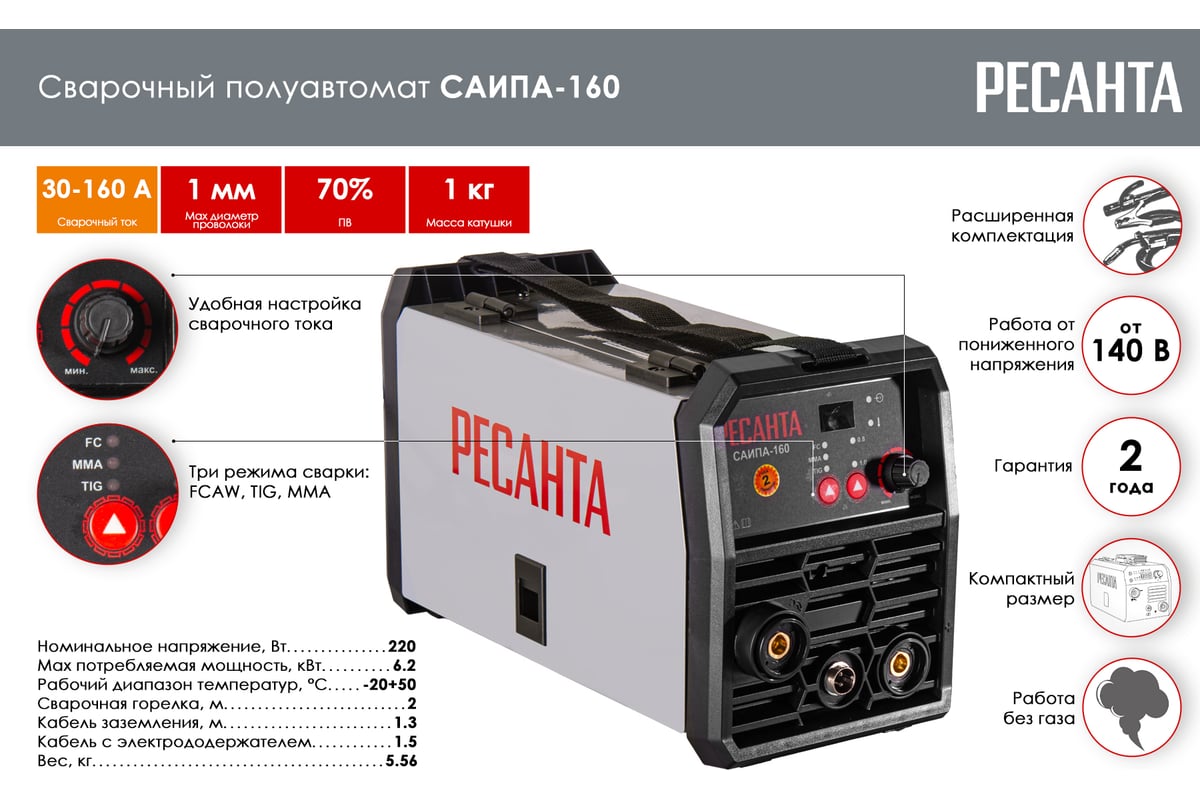 Сварочный полуавтомат Ресанта САИПА-160 MIG/MAG 65/134 - низкая цена,  характеристики, отзывы