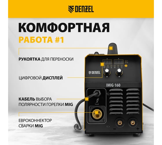 Аппарат инверторной полуавтоматической cварки Denzel iMIG-160 synergy, 160 A, катушка 5 кг 94314
