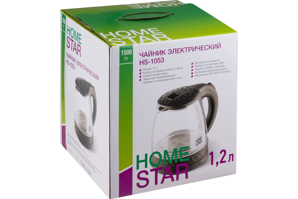 Чайник Homestar hs-1053 1.2 л, стекло, пластик, черный 106463 - выгодная  цена, отзывы, характеристики, фото - купить в Москве и РФ