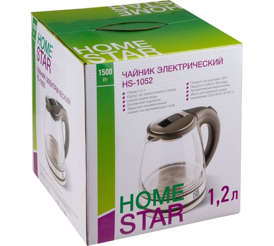 Чайник Homestar hs-1052 1.2 л, стекло, пластик, черный 106462