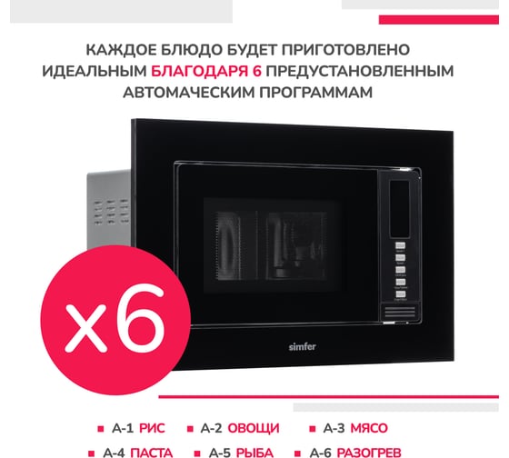 Встраиваемая микроволновая печь SImfer 20 литров, 1080 вт, черный MD2220