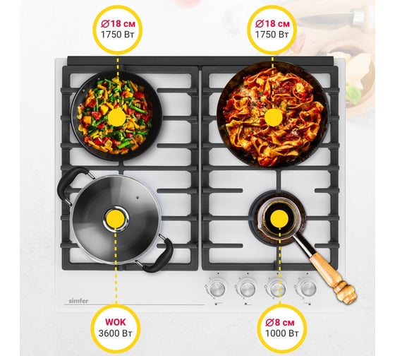 Газовая варочная поверхность SImfer газ-контроль, wok конфорка, чугунные решетки, белое стекло H60H41С570