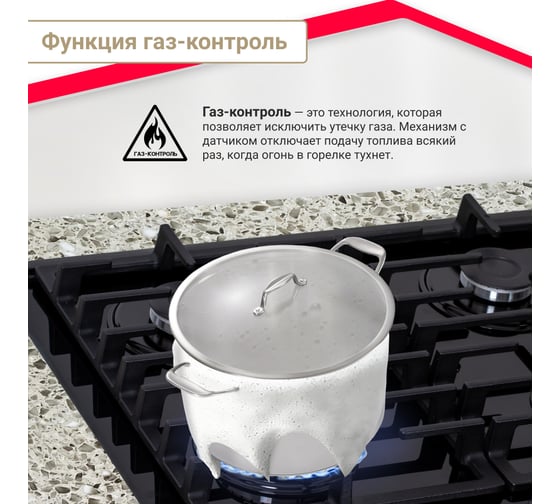 Газовая варочная поверхность SImfer газ-контроль, wok конфорка, чугунные решетки, черное стекло H60H41S570