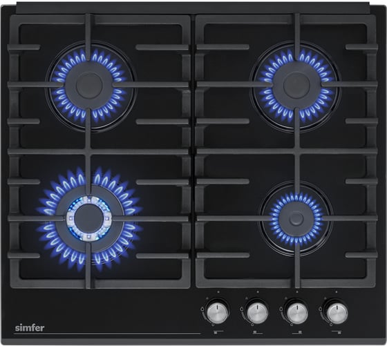 Газовая варочная поверхность SImfer газ-контроль, wok конфорка, чугунные решетки, черное стекло H60H41S570
